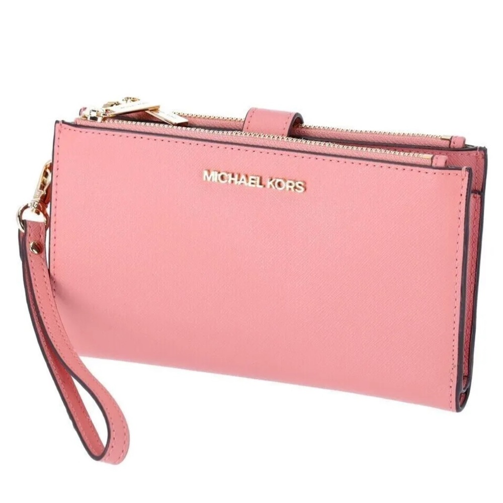 New Michael Kors Jet Set Travel Double zip wristlet Saffiano Leather Primrose